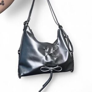 NWOT Dolls Kill silver metallic faux leather shoulder bag with chain detail